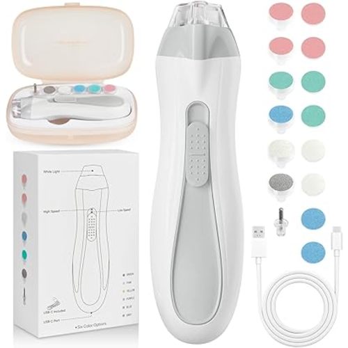 Baby Nail File Electric - Rechargeable Baby Nail Clippers, 15 in 1 Gentle Baby Nail Trimmer Electric with Light and 15 Grinding Pads, Baby Nail Care Set for Infant Toddler, Grey