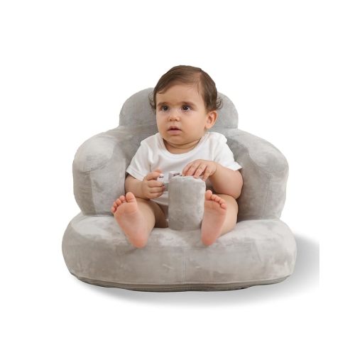 Velvet-Covered Inflatable Baby Seat with Built-in Pump | A Supportive Bumbo Seat for Babies 3-36 Months | Perfect for Learning to Sit, Feeding, Floor Time & Camping (Velvet Pillar-Gray)