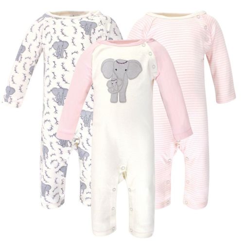 Touched By Nature Baby Girl Organic Cotton Coveralls 2pk, Girl Elephant, 0-3 Months