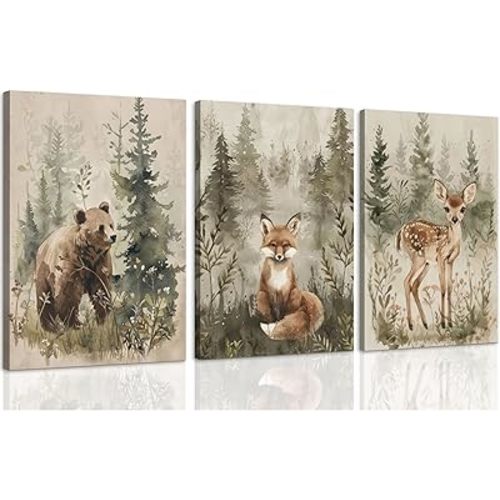 ICHZUMW Woodland Animals Nursery Wall Decor, Nursery Wall Art, Watercolor Bear Fox Deer Painting Print Artwork for Boys Girls Kids Room, Wrapped Canvas, Ready to Hang, 12x16in, Set of 3