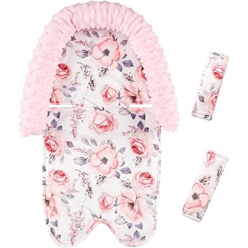 Baby Head Support and Strap Cover for Car Seat, Mink Infant Carseat Headrest for Girls, Newborn Car Seat Insert Cushion for Strollers, Pink Floral