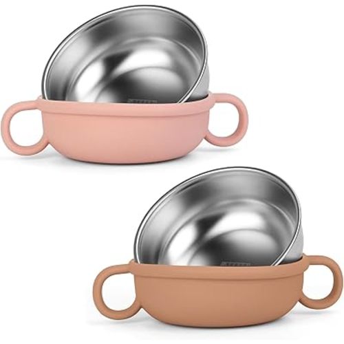 Stainless Steel Kids Bowl, 2-in-1 Non-Toxic SUS304 Toddler Bowls with Removable Silicone Sleeve, Unbreakable & Mess Free Baby Food Bowls, Set of 2