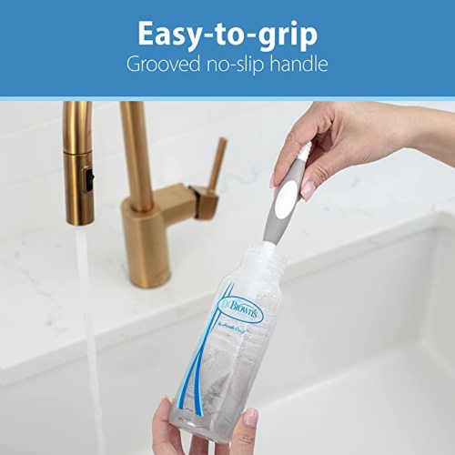 Dr. Brown's Reusable Sponge Baby Bottle Cleaning Brush Set with Suction Cup Stand, Scrubber and Nipple Cleaner, Gray, 3 Pack