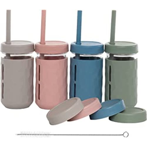 WeeSprout Glass Cups With Lids & Straws, Spill-Resistant Smoothie Cups for Toddlers & Kids, Baby Food Storage & Snack Jars, XL Silicone Straws, Easy-Grip Sleeves, 12 oz, Set of 4