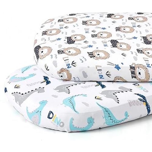 Stretch Fitted Bassinet Sheet Set BROLEX 2 Pack Cradle Sheets for Bassinet Pad/Mattress,Unisex Boys Girls,Ultra Soft,Dinosaur Lion