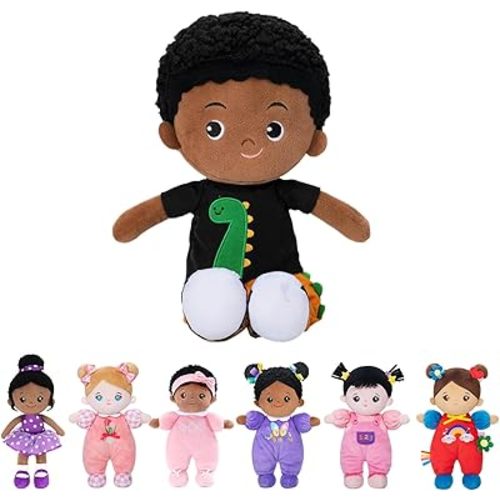 OUOZZZ 13" Soft Baby Doll for Boys Girls - First Baby Doll African American Rag Doll Sleeping Cuddle Buddy Doll Dinosaur Plush Toy for Kids