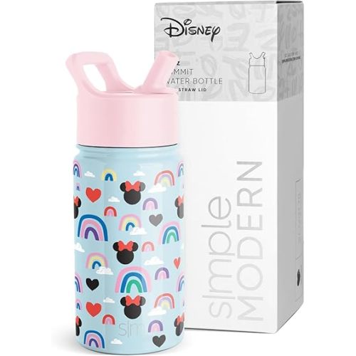Simple Modern Disney Minnie Mouse Kids Water Bottle with Straw Lid | Reusable Insulated Stainless Steel Cup for Girls, School | Summit Collection | 14oz, Minnie Mouse Rainbows