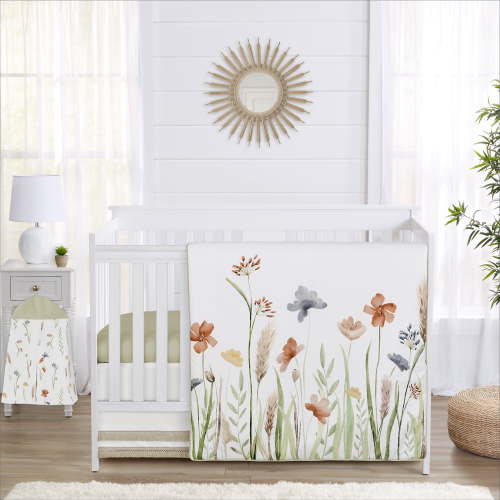 Sweet Jojo Designs Watercolor Floral Garden Green Blue and Orange 4 Piece Crib Bedding Set
