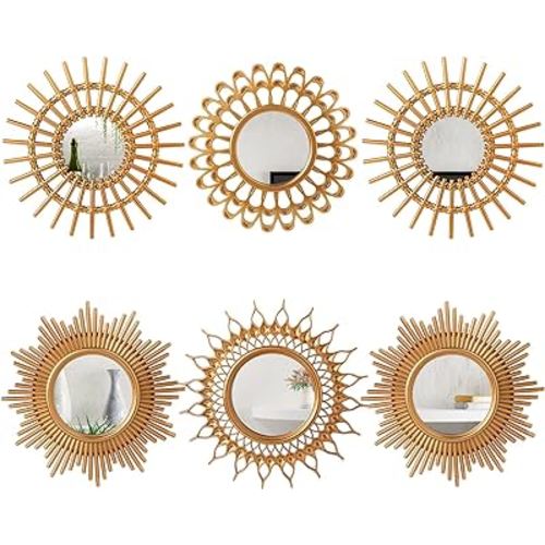 Namalu 6 Pcs Mirrors for Wall Decor, Small Circle Sun Mirrors Espejos Decorative Wall Art Entryway Mirror Hanging Circle Mirror for Wall Home Decor Bathroom Bedroom Living Room (Gold,Classic)