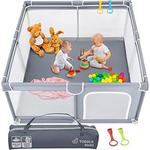 Todale Baby Playpen - 50 x 50 x 27 in Grey Pack of 1 - Effortless Setup & Travel Crib for Baby - Ventilated Panels & Play Pen for Babies 6-12 Months - Foldable Play Pen for Toddlers 1-3