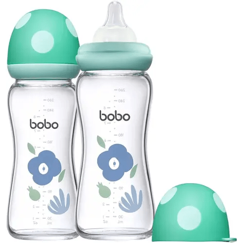 YOHKOH Natural Glass Baby Bottle with Natural Response Nipple, Newborn Anti-Colic Baby Bottles, Wide Neck Mushroom Cap Baby Bottle, Clear (Blue, (8.8oz (Pack of 2))
