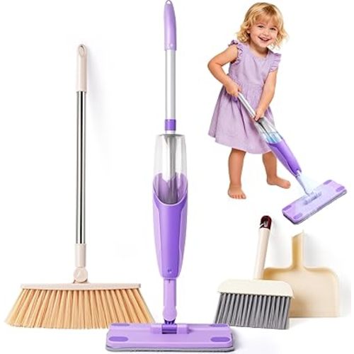 Kids Cleaning Toy Set,Purple Mini Spray Mop Montessori Toys Pretend Play Cleaning Tool for Toddlers with Spray Mop & Kids Broom Dustpan Set Cleaning Toys Gift for Toddlers Girls Boys Age 3+