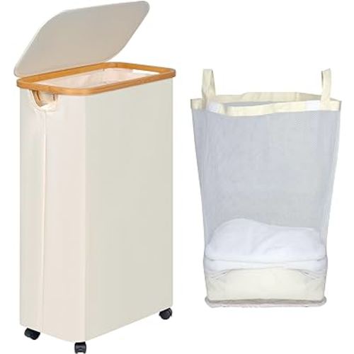 Slim Laundry Basket with Wheels, Rolling Laundry Basket with Lid and Removable Bag, Narrow Dirty Clothes Basket with Wheels for Laundry Room, Bedroom & Bathroom, 75L (19.8 Gallon) Beige