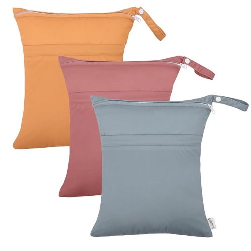 ALVABABY 3pcs Cloth Diaper Wet Dry Bags Waterproof Reusable with Two Zippered Pockets Travel Beach Pool Daycare Soiled Baby Items Yoga Gym Bag for Swimsuits or Wet Clothes 3L-ZM11 - Orange light brown light green