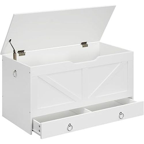 HOOBRO Storage Chest, 39.3" Toy Chest with Drawer, Wooden Storage Bench, Sturdy Entryway Bench Supports 220 lb, Shoe Bench, Safety Hinge, U-Shaped Opening, Easy Assembly, White WT710CW01G1