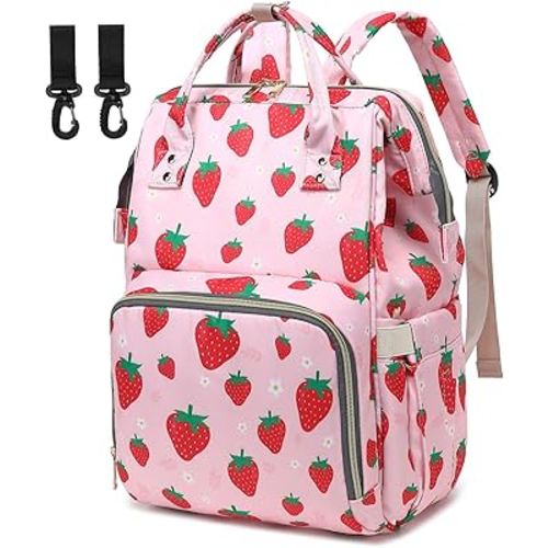 Strawberry Diaper Bag Backpack for Baby Girls, Mom Waterproof Large Nappy Bags for Women