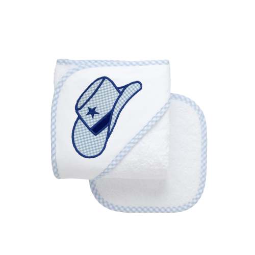 Cowboy Hat Applique Hooded Towel & Washcloth Set, Blue