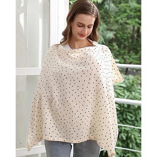 Nursing Cover for Baby Breastfeeding with Rigid Hoop, Breathable Soft 100% Muslin Cotton, Baby Breast Feeding & Pumping Apron, Multi Use Baby Car Seat Stroller Cover (Beige Polka dots)