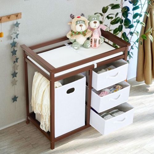 GustoWave Wooden Baby Changing Table,Modern Diaper Changing Table,Infant Diaper Station Dresser with Laundry Hamper, 3 Drawer Basket,Brown