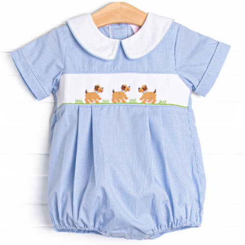 Playdate Puppies Boy Smocked Bubble, Blue – Stitchy Fish