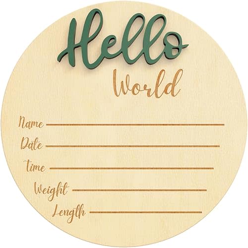 Baby Announcement Sign, Hello World Newborn Sign for Hospital, Large 6” Wooden Baby Name Sign, Newborn Photography Props for Boys and Girls, Welcome Baby Sign (Green)