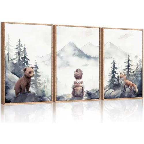 3Pcs Boy Adventure Nursery Wall Art Woodland Animals Bear & Fox Wall Decor Picture Watercolor Mountain Kids Canvas Posters Prints for Classroom Baby Room Decoration Unframed(16x24in Poster)