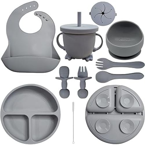 Baby Led Weaning Supplies | 10 Piece Silicone Feeding Set | Baby Toddler Bib Cup Divided Plate and Bowl Self Feeding Spoons Dish Set | Baby Utensils | Toddler Feeding Supplies (Gray)