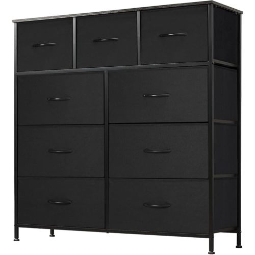 DUMOS Dresser for Bedroom, Storage Organizer with 9 Drawers, Chest of Drawers with Fabric Bins, Sturdy Metal Frame, Wood Tabletop for Guest Room, Closet, Entryway, Nursery