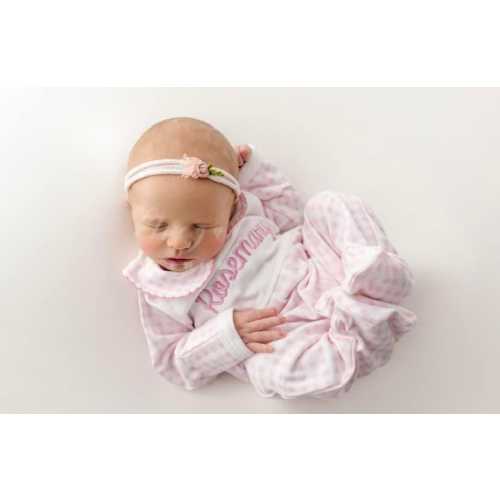 Customized Pink Gingham Newborn Footie, Baby Girl Boy | Hospital Outfit, Newborn, Embroidery, Coming Home Outfit, Stripes, Peter Pan Collar