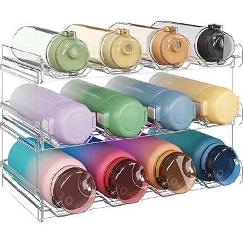 Lifewit Stackable Water Bottle Organizer for Cabinet, Water Bottle Holder, Kitchen Pantry Organization and Storage, Plastic Fridge Wine Racks, Tumbler Travel Mug Cup Holder, 3Pack, Hold 12 Bottles