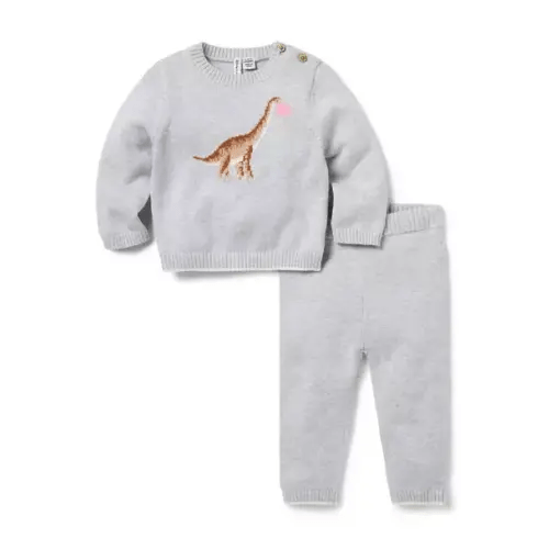 Newborn Earl Grey Heather Baby Dinosaur Heart Matching Sweater Set by Janie and Jack