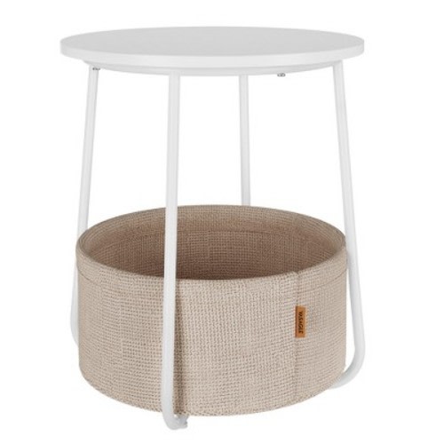 Small Round Side End Table Modern Nightstand with Fabric Basket, Color: Classic white and sand beige