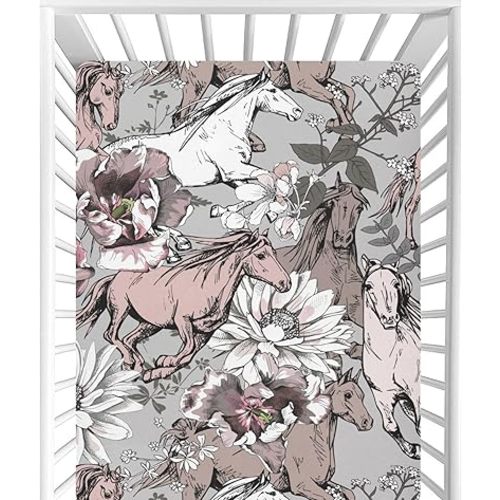 CaTaKu Horse Flower Baby Girls Fitted Crib Sheets for Mini Mattress Infant Newborn Nursery Bed Toddler Sheets Horse Flower 27"x 39"