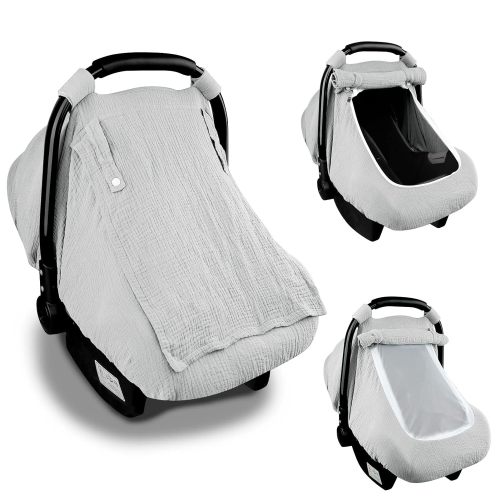 Muslin Car Seat Cover Baby, 3-1Infant Car Seat Covers for Babies,Summer Baby Car Seat Cover for Boys Girls with Breathable Window, Lightweight Infant Car Seat Canopy,Gray