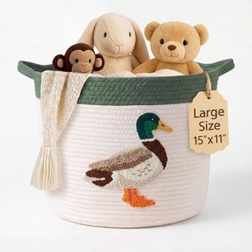 Sawysine Mallard Storage Basket with Handles for Nursery Large 15"x11" Cotton Rope Bin with Soft Felt Mallard Patch for Nursery Room Home Toys Cloths Laundry Organizer