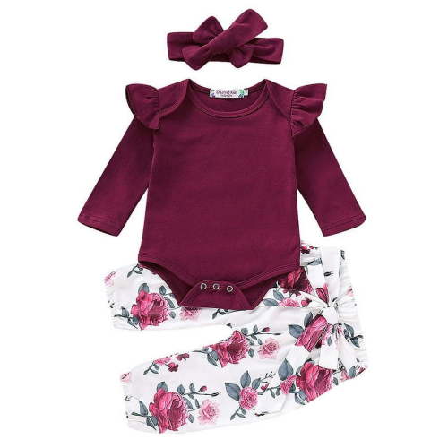 KidPika Infant Baby Girl 3PCS Set Floral Long Sleeve Romper Shirt Pants Headband Summer Clothes