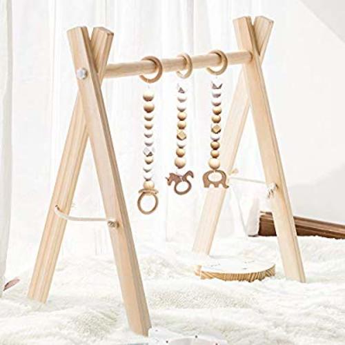 HAN-MM Wood Baby Gym with 3 Wooden Baby Teething Toys Foldable Baby Play Gym Frame Activity Gym Hanging Bar Newborn Gift Baby Girl and Boy Gym (Natural Color) - natural color