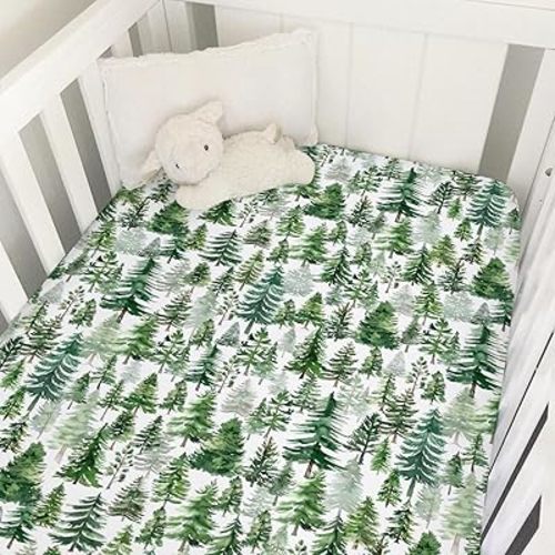 Watercolor Green Woodland Baby Crib Sheet 52''x28'' Pine Trees Snug Fitted Crib Mattress Cover for Boy Girl Winter Forest Soft Baby Bed Sheet for Standard Crib and Toddler Mattresses