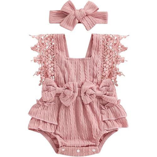 Douhoow Infant Baby Girl Plaid Romper Baby Short Sleeve Pleated Romper Bodysuit Summer Spring Outfits