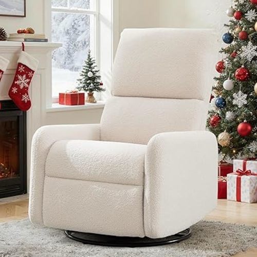 360° Swivel Glider Chair, Rocking Chair Nursery with Side Pockets, Deep Cushioned Seat, Nursery Chair with Steel Structure Base, Sherpa Swivel Chairs for Living Room, Bedroom, Baby Room