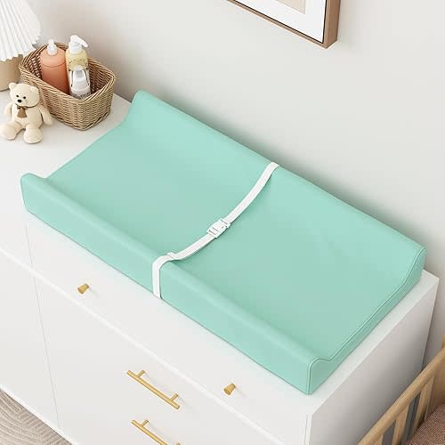 Wipeable Baby Changing Pad for Dresser and Table, Cozy Diaper Changing Pad with Waterproof & Wipe-Clean Leather Cover, Green