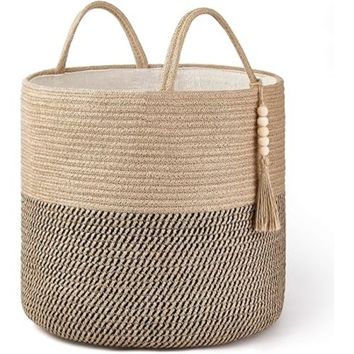 Mkono Woven Storage Basket Decorative Rope Basket Wooden Bead Decoration for Blankets,Toys,Clothes,Shoes,Plant Organizer Bin with Handles Living Room Home Decor, Yellow and Black, 16" W × 13.8"