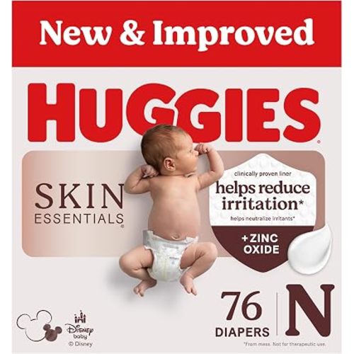 Huggies Size Newborn Diapers, Skin Essentials Baby Diapers, Size Newborn (6-9 lbs), 76 Count, Packaging May Vary