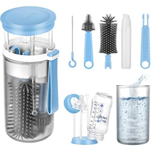 Travel Baby Bottle Brush Set, Portable Baby Bottle Drying Rack with 3 Function Bottle Brushes & Soap Container, Silicone Brush Cleaner kit for Working Mom, Visit Families, Friends or Camping with Baby