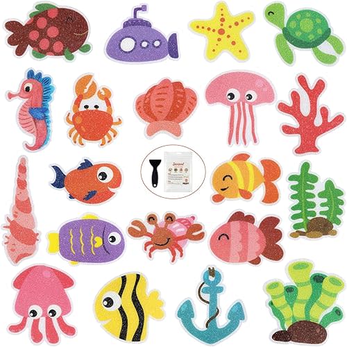 Non Slip Bathtub Stickers, 20pcs Submarine Sea Creature Adhesive Kids Anti Slip Decal Treads for Shower and Bath Tub with Premium Scraper
