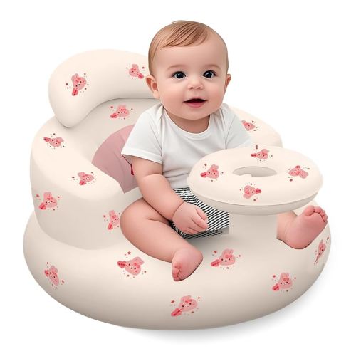 Inflatable Baby Seat with Tray, Blow up Infant Chair for Babies 3 Months and up, Comfortable Baby Floor Seats for Sitting Up, Built in Air Pump with Back Support Toddler Waterproof Sofa (Pink Rabbit)