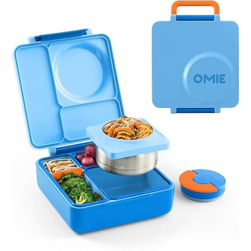 Omie OmieBox Bento Box for Kids - Insulated Lunch Box with Leak Proof Thermos Food Jar - 3 Compartments, 2 Temperature Zones (Blue Sky)