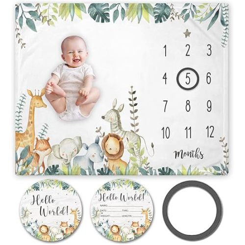 Yuzioey Safari Baby Milestone Blanket with Birth Stat Sign, Jungle Animals Growth Chart Monthly Blanket, Watch Me Grow Safari Animals Baby Nursery for New Moms Shower(50"x40")