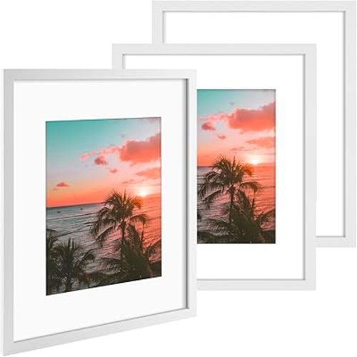 AUEAR, 16x20 Picture Frames Set of 3, with Mat for 11x14 or 16x20 without Mat, Engineered Wood Photo Frames with Plexiglass, Wall Mounting (White)