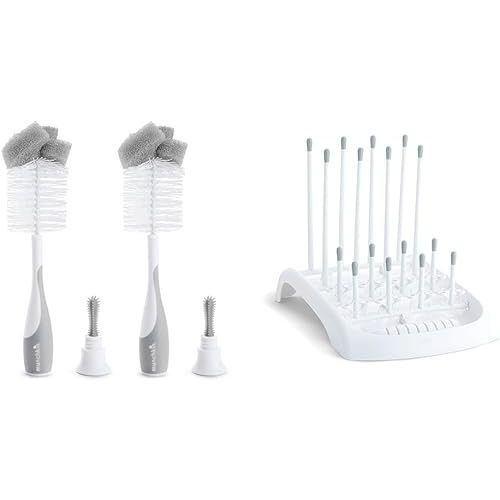Munchkin® Sponge™ Bottle Brush, Grey, 2 Count (Pack of 1) & Fold™ Baby Bottle Countertop Drying Rack, White